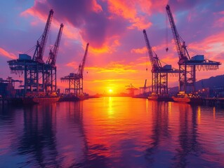 Sunset Harbor Scene with Industrial Cranes Reflecting in Calm Water