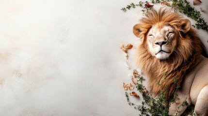 Lion resting on a wall with a green plant in its mouth in a natural habitat