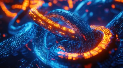 Digital illustration of a glowing blockchain concept with a close-up of a chain made of binary code