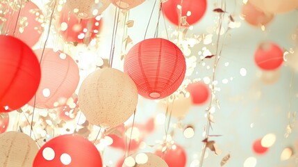 Wall Mural - vibrant hanging lanterns in red and cream, illuminated by soft, twinkling lights, create a warm and 