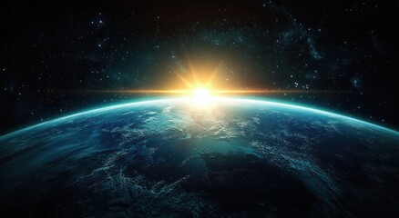 Wall Mural - view of earth from space with blue sunrise and starry background in futuristic sci-fi style