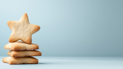 Wall Mural - star shaped cookie stacked on top of square cookies against pastel blue background