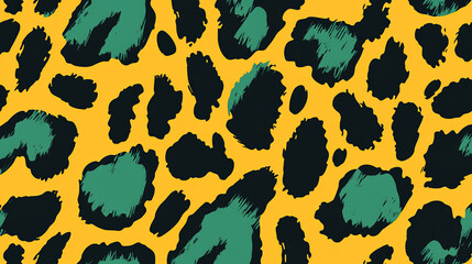 Abstract yellow, teal, and black leopard print seamless pattern.