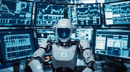 Wall Mural - a robot performing real-time analytics in a high-tech financial trading room with multiple screens, 