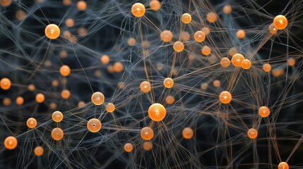 Wall Mural - abstract network of glowing orange spheres connected by thin lines on a dark background.