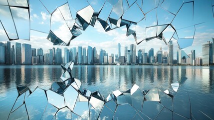 Wall Mural - shattered glass reveals cityscape.