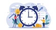 © PP Creative - A flat illustration depicting time management with a large clock at the center surrounded by characters and elements