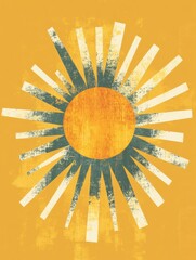 Poster - Bright sun design with rays on a textured yellow background creating a cheerful atmosphere in an artistic style. Generative AI
