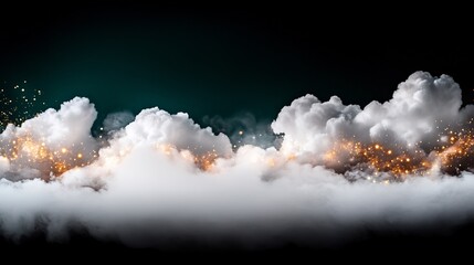 Wall Mural - Golden sparks magically illuminate fluffy white clouds against a dark teal sky. AI Generated