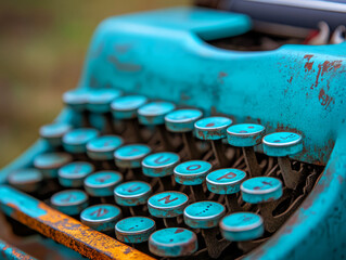 Vintage Typewriter with Teal Keys in Rustic Setting, Detailed Close-Up of Mechanical Buttons