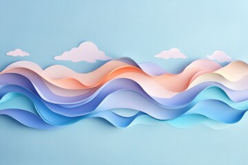 Poster - Colorful paper waves and clouds create a serene seaside atmosphere in artistic display. Generative AI
