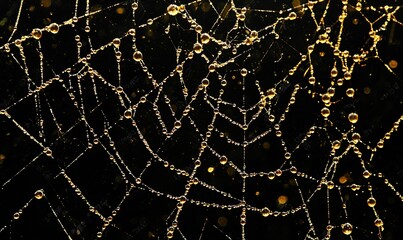Golden dewdrops on spiderweb against dark background, ideal for nature-themed projects