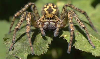Huntsman spider on green leaf, close-up view