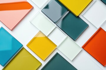 Poster - Colorful glass tiles arranged in an artistic pattern on a white background showcasing vibrant hues and geometric shapes. Generative AI