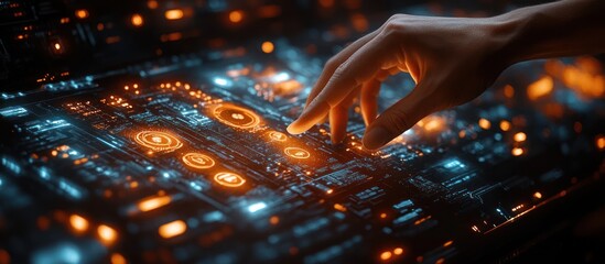Wall Mural - hand interacting with futuristic glowing circuit board.