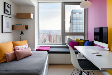 Wall Mural - a vibrant studio apartment interior design featuring bold accent walls, colorful cushions, and a com