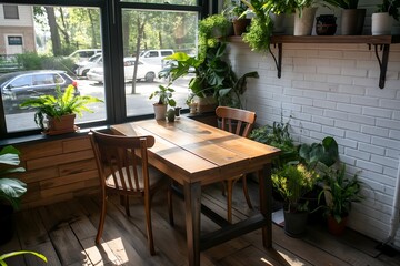 Wall Mural - Rustic-themed studio with reclaimed wood furniture, warm earthy tones, and a small indoor garden corner for a cozy, natural feel.