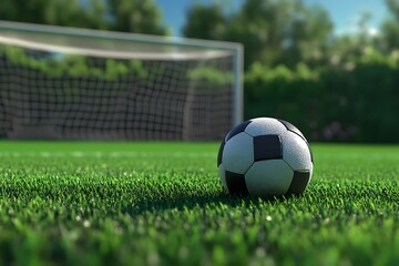 Close up shot of a soccer ball on a green field near the goal area, with the net slightly blurred in the background. Detailed ball with realistic texture and fun game