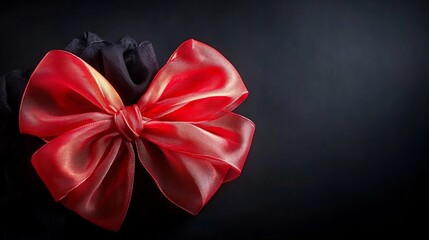 Wall Mural - Elegant red ribbon bow gracefully rests on dark background soft light enhances rich color. AI Generated