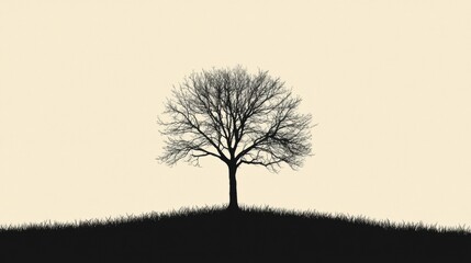 Poster - Silhouette of a barren tree on a grassy hill against a pale background during a calm twilight setting. Generative AI