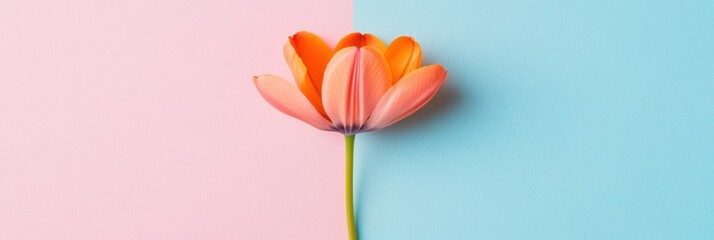Aufkleber - Bright orange flower positioned elegantly against contrasting pastel pink and blue backgrounds enhancing its beauty. Generative AI