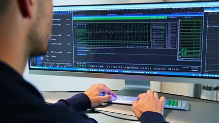 Cloud computing, server database management, code and programming language on screen, Software application and web development concept.