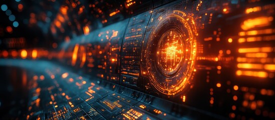 Wall Mural - futuristic orange and blue digital interface.