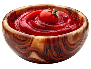 Wall Mural - Tomato paste in a wooden bowl isolated on white background. Suitable for marketing or business purposes. Panoramic banner with place for text. PNG file