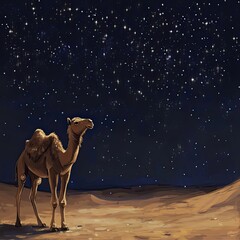 Wall Mural - lone camel gazing at starry night desert sky