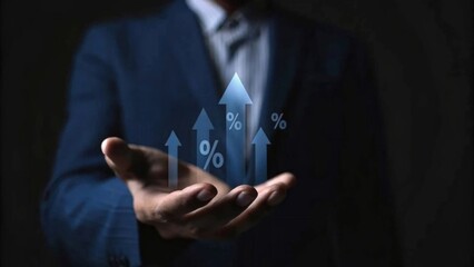 Wall Mural - A businessman displays upward trends and growth statistics with graphical arrows and percentages in a dark setting, symbolizing success and financial advancement.