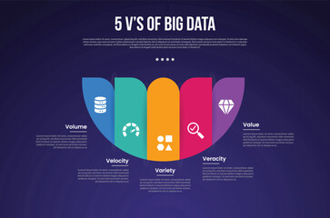 Wall Mural - 5vs big data infographic template with creative half circle slice dark background style with 5 point