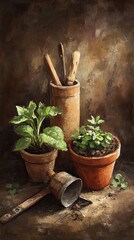 Sticker - Still Life Painting of Plants and Gardening Tools