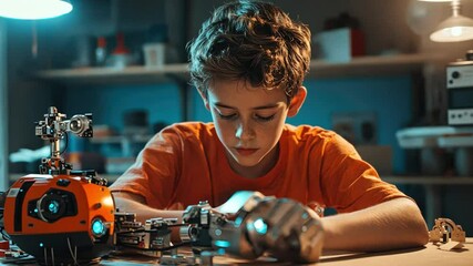 Wall Mural - a boy tech innovator experiments with robotics and smart devices, creating tools that assist with ev
