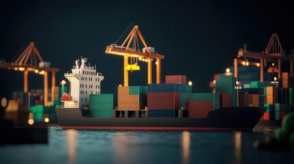 Hightech port glowing with cranes unloading cargo, maritime transportation network, 3D illustration