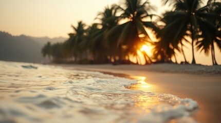 Wall Mural - Sunset paints the tropical sky with fiery hues as the sun dips below the horizon, casting long shadows across the palm-fringed beach