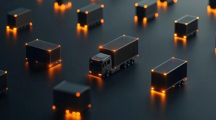 Wall Mural - Truck fleet glowing as it follows optimized transportation routes, cargo management efficiency, 3D illustration