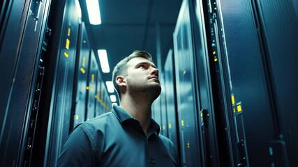 Wall Mural - a man cloud engineer focuses on cloud computing and cybersecurity, ensuring businesses can store dat