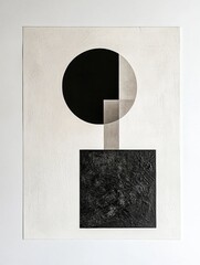 Aufkleber - Abstract black and white geometric art piece featuring circle and square shapes on textured background. Generative AI