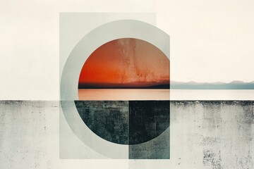 Leinwandbilder - Sunset over water with geometric shapes reflecting modern design in abstract art. Generative AI