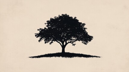 Poster - Silhouette of a solitary tree on a grassy hill against a pale background at sunset. Generative AI