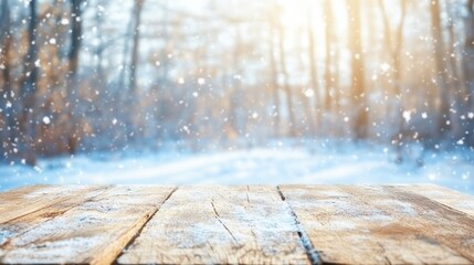 Wall Mural - A rustic wooden table stands in a snowy winter forest, illuminated by soft sunlight filtering through the trees as snowflakes gently fall