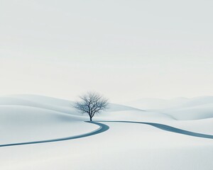 Canvas Print - Lonely tree on snowy road curving through hills.