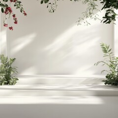 Wall Mural - 3d render of a white room with plants and shadow on the wall