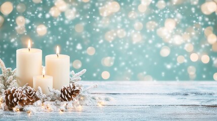 Wall Mural - Candles in a snowy arrangement illuminate a cozy setting with pinecones and twinkling lights, perfect for winter celebrations and gatherings