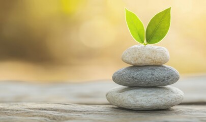 Poster - A green leaf emerges from a stack of smooth stones, symbolizing growth and tranquility in a serene natural environment