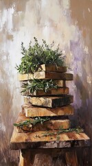 Canvas Print - Stacked Wooden Boards With Fresh Herbs