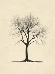 Aufkleber - Silhouetted bare tree with intricate branches and shadows against a light background depicting seasonal change. Generative AI