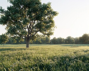 Sticker - Serene sunrise over grassy field with lone tree.