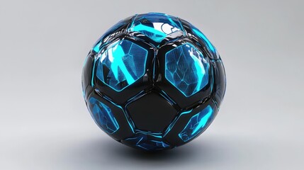 Canvas Print - A glossy soccer ball with futuristic blue and black accents, floating against a white background.