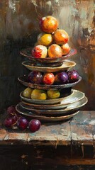 Sticker - Stacked Plates Of Fruit A Still Life Painting